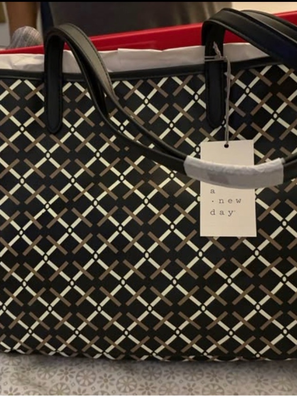 a new day Black Tote with Cream and Tan Lattice Pattern
